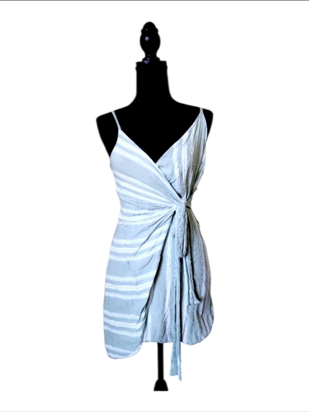 Showpo. Light Green White Striped Wrap Tie Mini Dress US 4